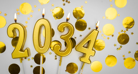 New Year greeting card. background Happy New Year 2034. Golden candles with numbers of year 2034 on festive decor background.の写真素材