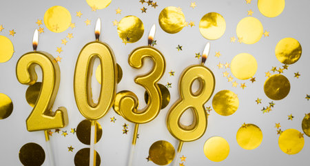New Year greeting card. background Happy New Year 2038. Golden candles with numbers of year 2038 on...