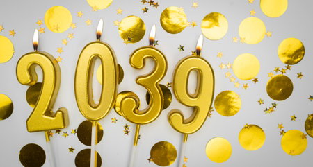 New Year greeting card. background Happy New Year 2039. Golden candles with numbers of year 2039 on festive decor background.の写真素材