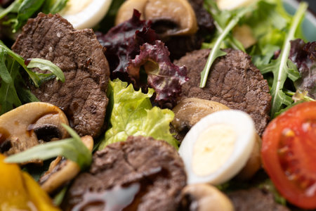 close up of roasted liver salad, top view