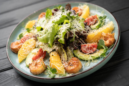 Fine Dining Plate Grilled Prawns Fresh Greens Orange Avocadoの写真素材