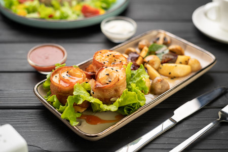 Delicious baked bacon rolls served with roasted potatoes and fresh vegetables on plate in restaurantの写真素材