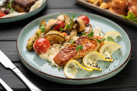 grilled salmon fish pieces with bbq vegetables and mushrooms on plate.の写真素材