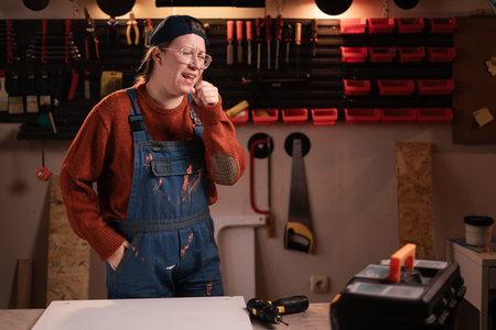 Woman joiner wears workwear in workshop scene with tools hanging on wall. female carpenter late...