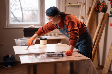 Female Worker applying white paint on wooden board in carpentry workshop. Wood finishing and painting process. copy spaceの写真素材