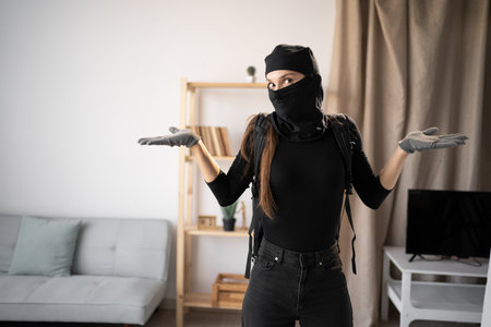 Person in black balaclava shrugging and looking at cameraの写真素材