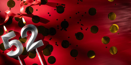 Concept of celebrating birthday and anniversary. Number 52 fifty-two silver celebration birthday...