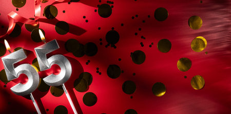 Concept of celebrating birthday and anniversary. Number 55 fifty-five silver celebration birthday...