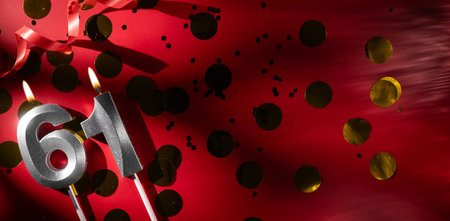 Concept of celebrating birthday and anniversary. Number 61 sixty-one silver celebration birthday...