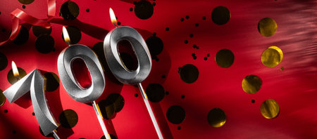 700 online community fans. Birthday burning candle number 700 on red background. Seven hundred followers subscriber card. Template for blog and social networks. Copy spaceの写真素材