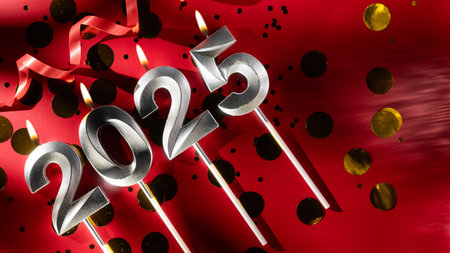 Happy New Year 2025. Numbers 2025 silver candles on red holiday background with confetti. Space for...
