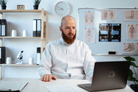 Bearded doctor in white uniform work on laptop online at desk in hospital. general practitioner consult patient on video callの写真素材