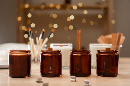 Process of making soy wax candles in workshop.の写真素材