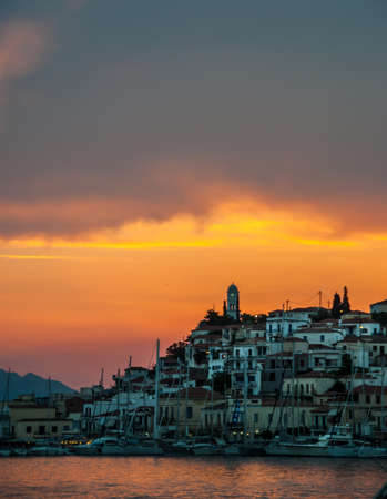 Sunset at the port of Poros island in Greeceの写真素材