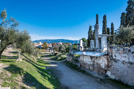 Kerameikos, the cemetery of ancient Athens in Greece. This was actually the cemetery of ancient Athens and was continuously in use from the 9th century BC until the Roman times. The area took its name from "keramos", which means pottery in Greek, from the numerous pottery workshops that existed in the area before it was turned into a cemetery.の写真素材