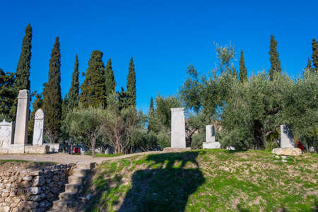 Shadow of bull statue in Kerameikos, the cemetery of ancient Athens in Greeceの写真素材
