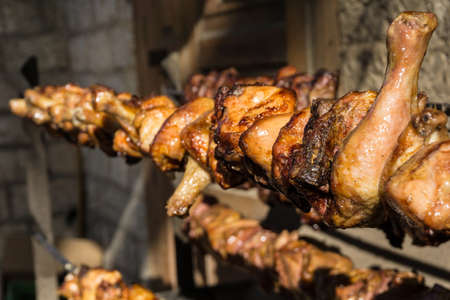 Traditional chicken thighs skewer in a village of Zagori in Greeceの写真素材