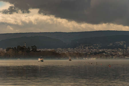 Island in the Pamvotida lake of Ioannina in Greeceの写真素材