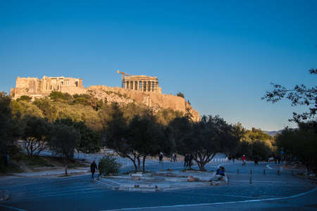 View of Acropolis from Dionysiou Aeropagitou street in Athens Greeceのeditorial素材