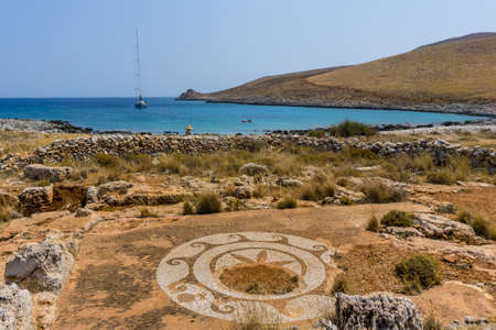 Poseidon temple at cape Tenaro in Mani Greece, the southernmost point of mainland Greece. The name Tenaro derives from the mythical hero and son of Zeus, Taenarus, who was believed to have built a city named after himself near the tip of the peninsula.の写真素材