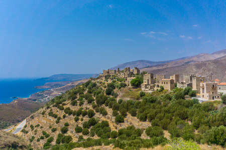 Panoramic view of tower houses at Vathia (Vatheia) village in Mani Greece.の写真素材
