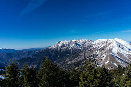Landscape of snow covered mountains in Peloponnese Greeceの写真素材