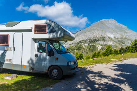 Camping with a motor home near the area of mountain Dirfi in Evia Greeceの写真素材