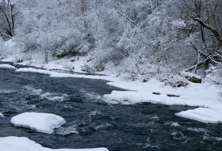 winter landscape with view of river with snow-covered trees on the banksの写真素材