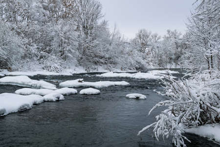 winter landscape with view of river with snow-covered trees on the banksの写真素材