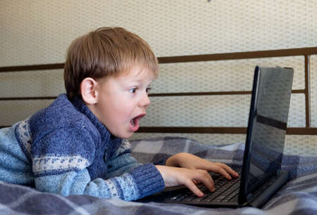 the boy, his mouth open, looking with surprise at a laptop screenの写真素材