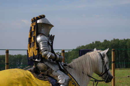 Medieval knight in metal armor on a horse in a fieldの写真素材