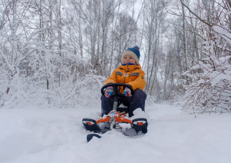 Cute European boy sledding in the winter snowy forest