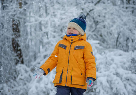 Cute European boy walks and plays in the snow-covered winter forestの写真素材