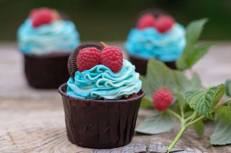 beautiful cupcakes with blue cheese cream decorated with fresh raspberries and almonds on wooden backgroundの写真素材