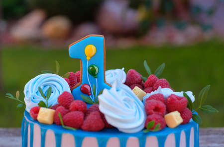beautiful cake with the number one, decorated with fresh raspberries, on the first birthday of the child on the table in the summer gardenの写真素材