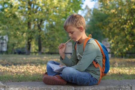 European boy student doing homework in a notebook, sitting in a beautiful autumn Parkの写真素材