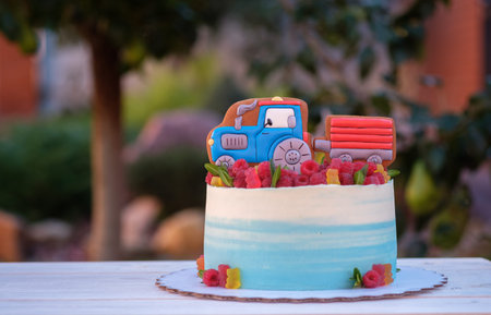 beautiful birthday cake for baby with funny blue tractor