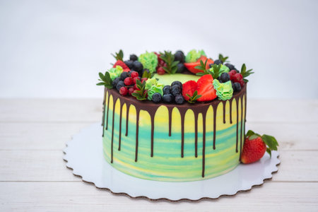 beautiful birthday cake with fresh strawberries, currants and blueberries. on white background