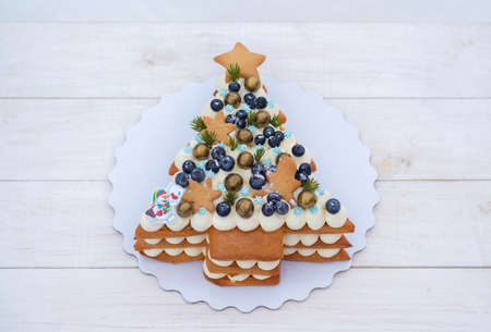 beautiful cake for Christmas and New year in the form of a Christmas tree, decorated with cream, meringue and curly cookiesの写真素材