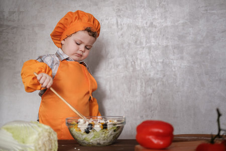 funny little European boy dressed like a chef mixes a Greek salad with a spoon in a bowl on a...