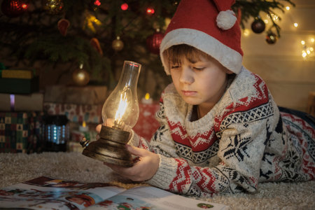 a cute boy in a red hat is reading a children's book near a Christmas tree and holding a vintage...