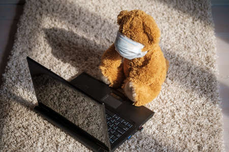 a Teddy bear in a medical mask sits in front of a laptop screen. the concept of remote work or online learning during a coronavirus pandemicの写真素材