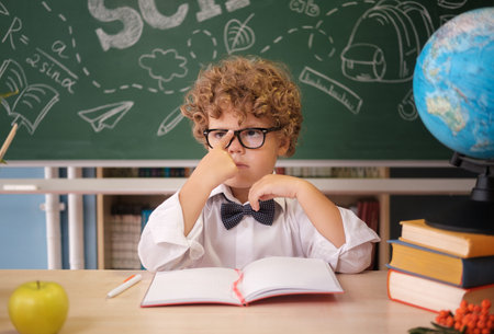 a funny curly-haired schoolboy with glasses is sitting at a table against the background of a blackboard with the text back to schoolの写真素材