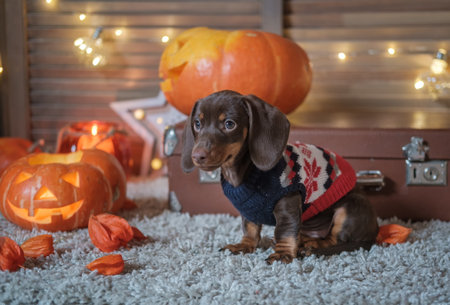 funny puppy dachshund chocolate color on the background of beautiful orange pumpkins with candles in the holiday halloweenの写真素材