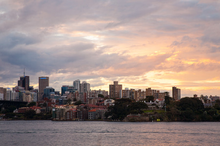 Sydney, Australia - July 11, 2010   Cityscape with beautiful sunset light of downtown Sydney  Sydney skyline taken from Mrs  Macquarie s Point のeditorial素材