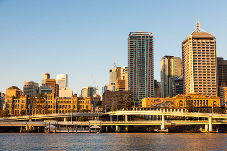 Brisbane, Australia - July 17, 2010   Overpasses with Cityscape of Brisbane city CBD in Australia on a clear day のeditorial素材
