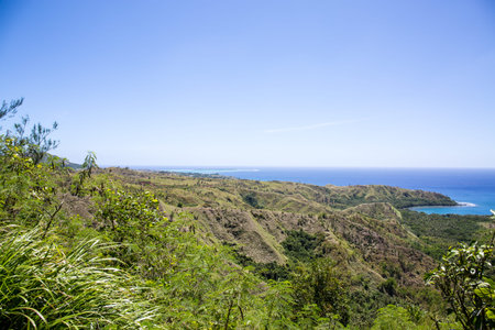 View of the Pacific Ocean from the mountains in Guam.の写真素材