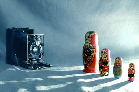 A group photo of old traditional russian wooden dolls matryoshkas の写真素材