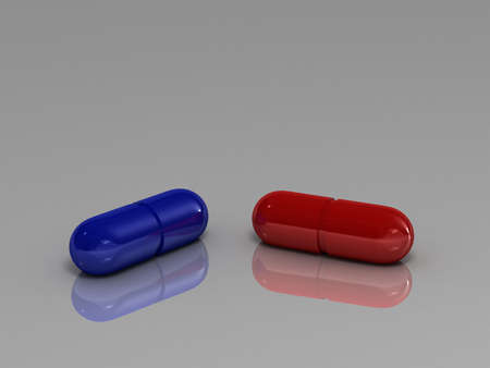 Red pill or Blue pill ? Gray reflective background.の写真素材