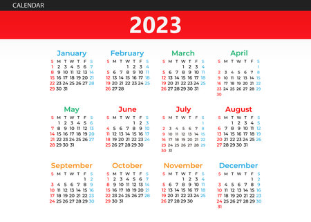 2023 Calendar year vector illustration. The week starts on Sunday. Annual calendar 2023 template.のイラスト素材